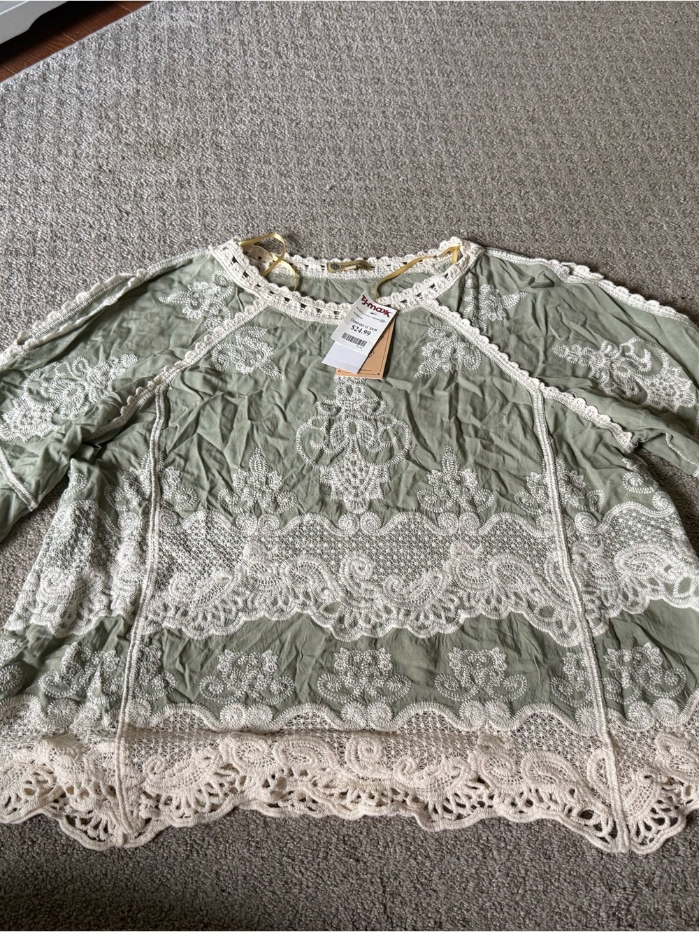 Democracy Sage Green Lace-Trim Embroidered Blouse